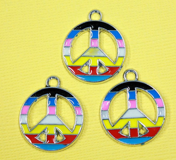 4 Peace Sign Silver Tone Enamel Charms - E019