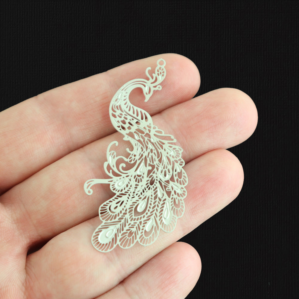 4 Peacock Silver Tone Stainless Steel Charms - SSP604