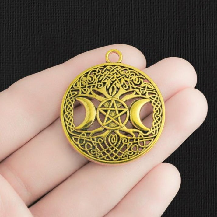4 Pentagram Tree of Life Antique Gold Tone Charms - GC084