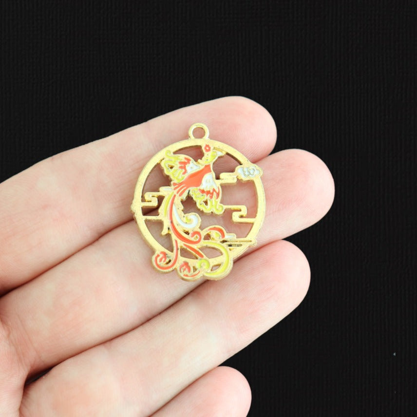 4 Phoenix Gold Tone Enamel Charms - E1569