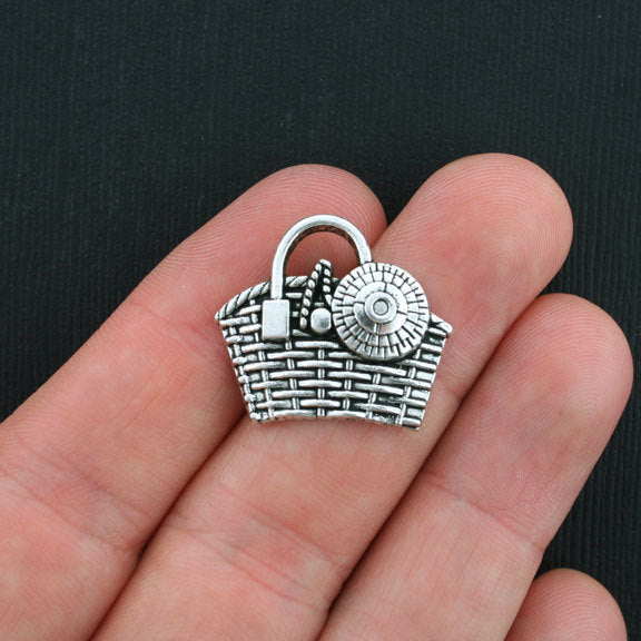 4 Picnic Basket Antique Silver Tone Charms - SC3460