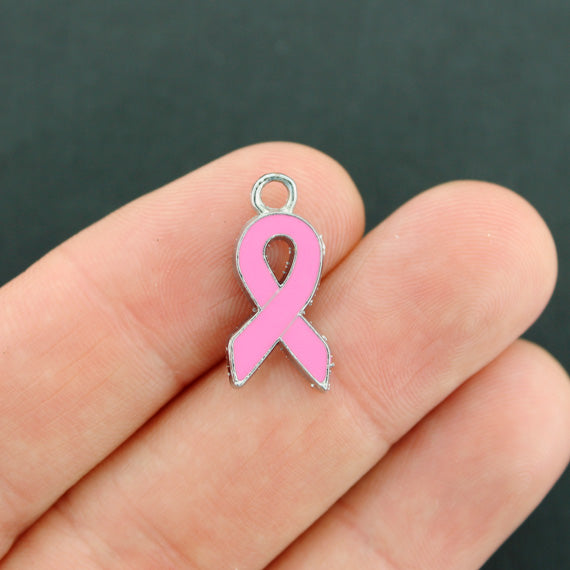 4 Pink Ribbon Silver Tone Enamel Charms - E643