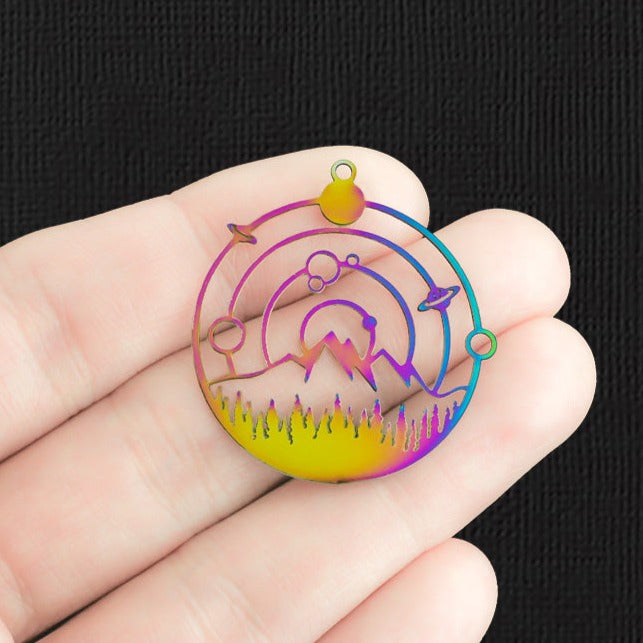 4 Planet Mountain Rainbow Electroplated Stainless Steel Charms 2 Sided - SSP381