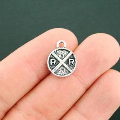 4 Rail Road Crossing Antique Silver Tone Charms 2 Sided - SC4575