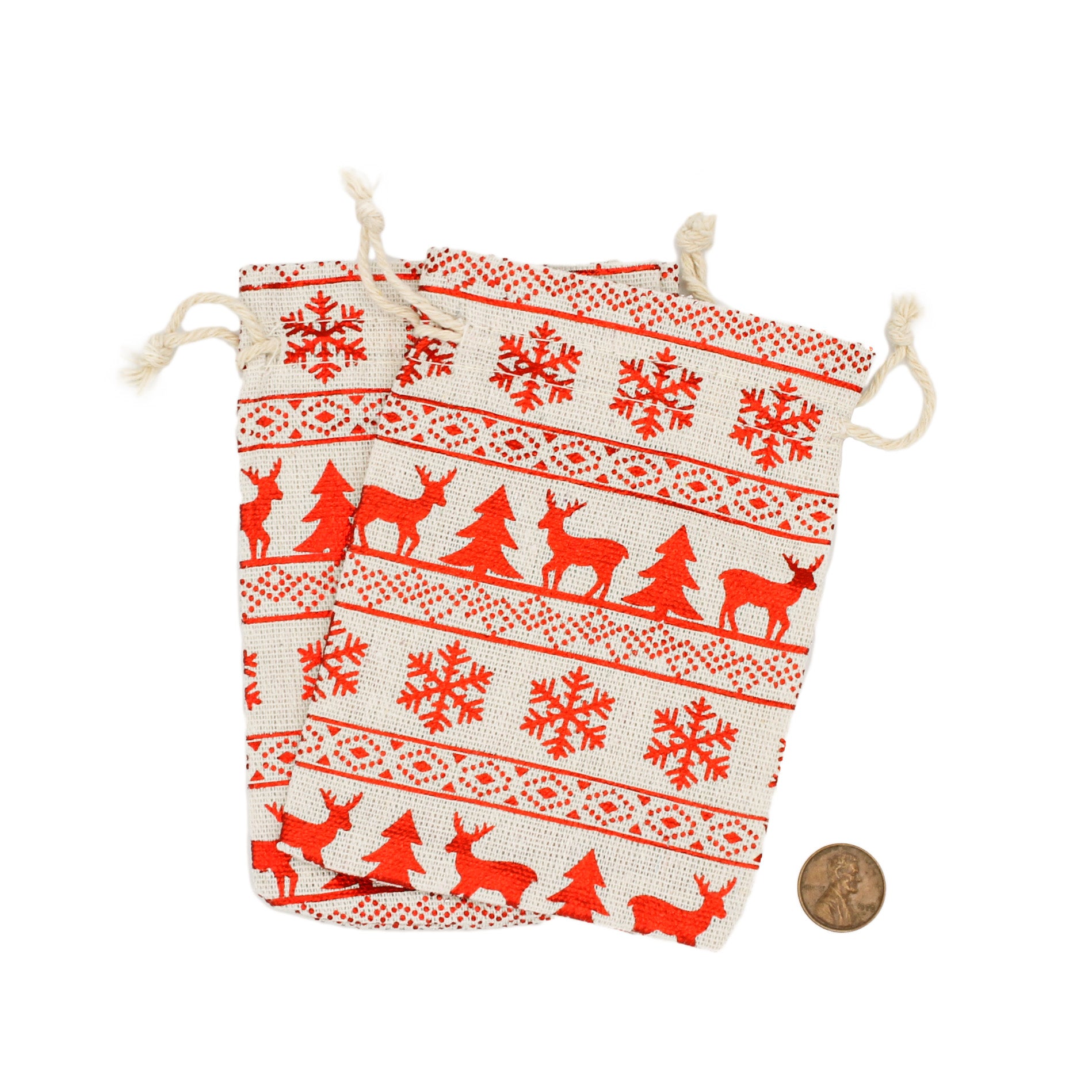 4 Red Reindeer Cotton Drawstring Bags 14cm x 10cm - TL189
