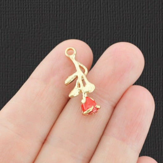 4 breloques en émail doré fleur rose - E838