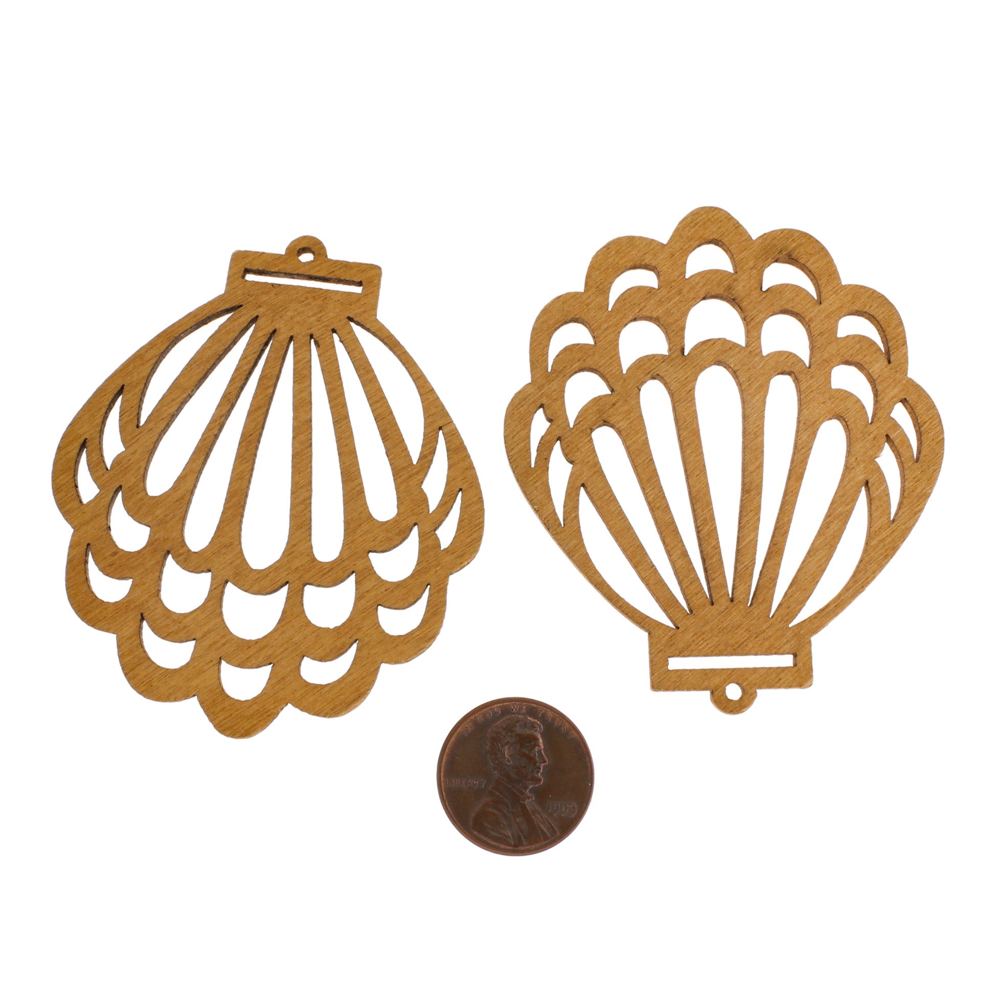 4 Seashell Natural Wood Charms 2 Sided - WP470