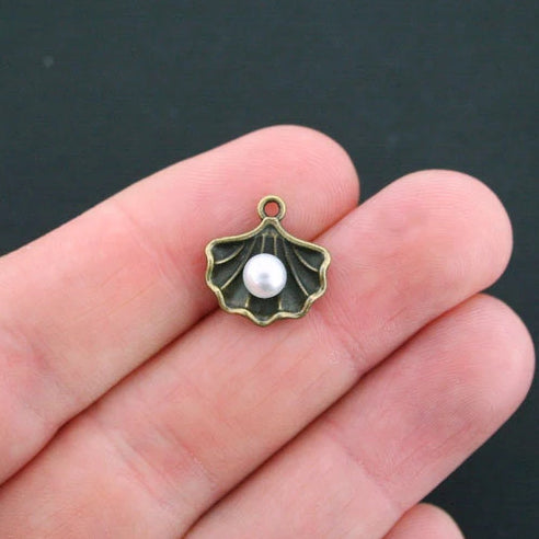 4 Shell Antique Bronze Tone Charms 2 Sided With Imitation Pearl - BC634