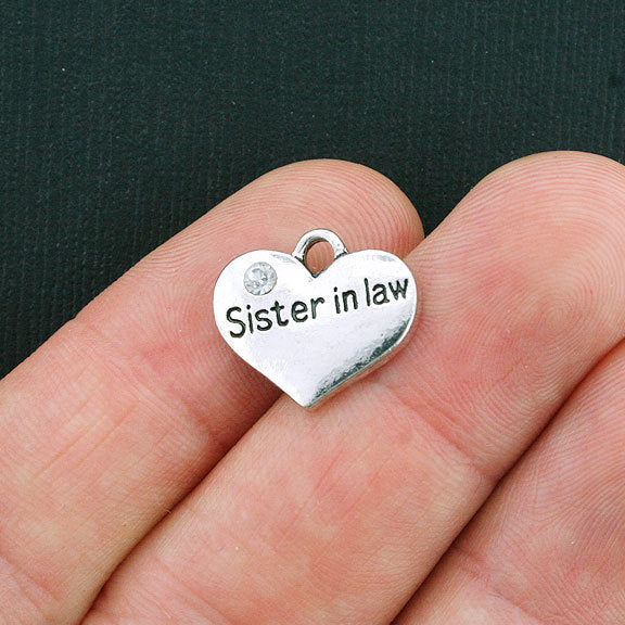 4 Sister in Law Heart Antique Silver Tone Charms 2 Sided With Inset Rhinestones - SC3894
