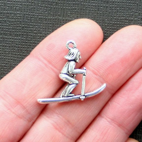 4 Skier Antique Silver Tone Charms 2 Sided - SC2706