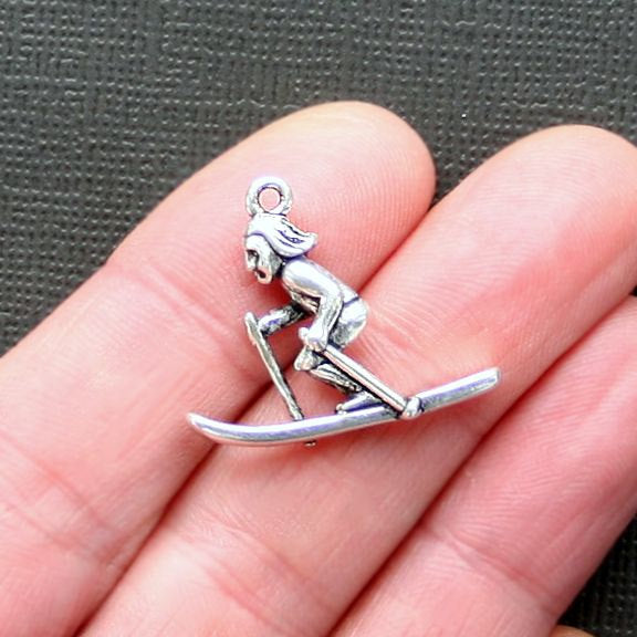 4 Skier Antique Silver Tone Charms 2 Sided - SC2706