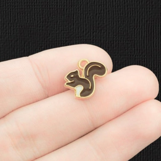 4 Squirrel Gold Tone Enamel Charms - E1349