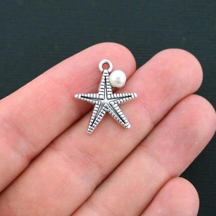 4 Starfish Antique Silver Tone Charms With Inset Imitation Pearl - SC3222