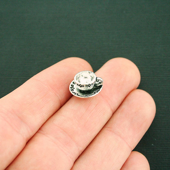 4 Tea Cup and Saucer Antique Silver Tone Charms 3D - SC6219