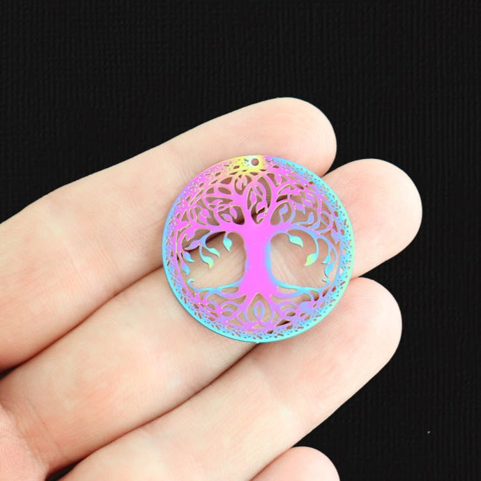 4 Tree of Life Rainbow Electroplated Stainless Steel Charms 2 Sided - SSP177
