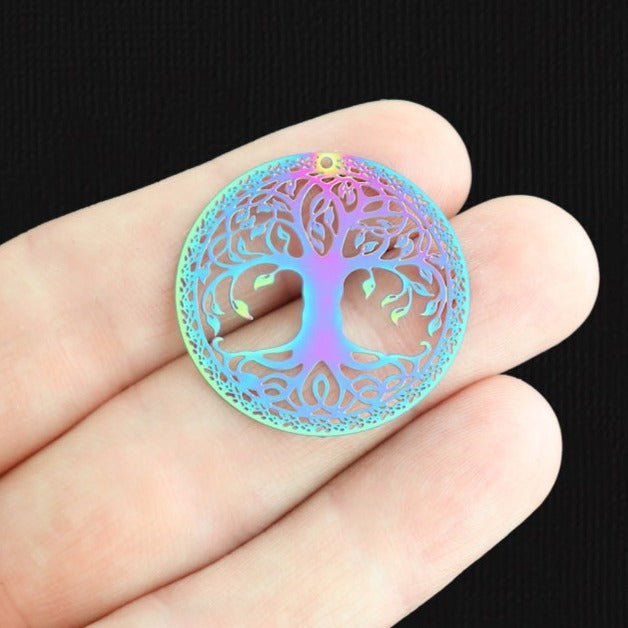 4 breloques en acier inoxydable électroplaqué arc-en-ciel arbre de vie 2 faces - SSP177
