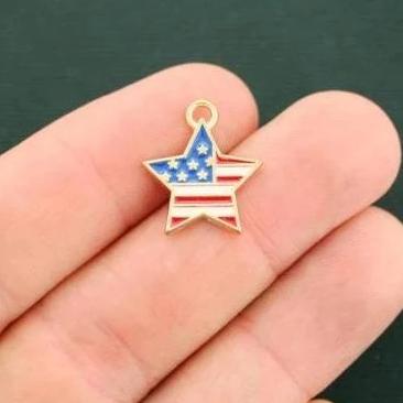 4 USA Flag Star Gold Tone Enamel Charms - E206