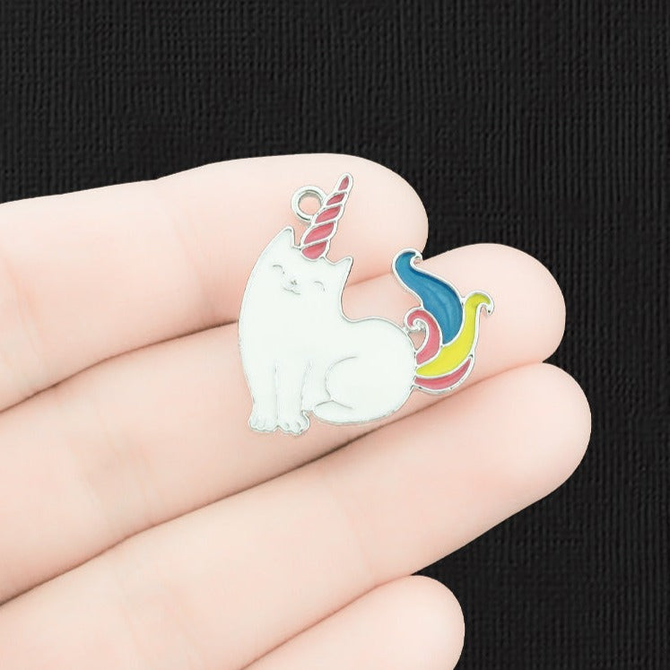 4 Unicorn Cat Silver Tone Enamel Charms - E1541