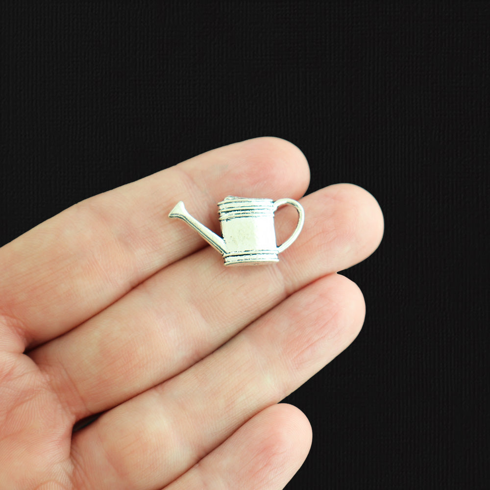 4 Watering Can Antique Silver Tone Charms 2 Sided - SC584