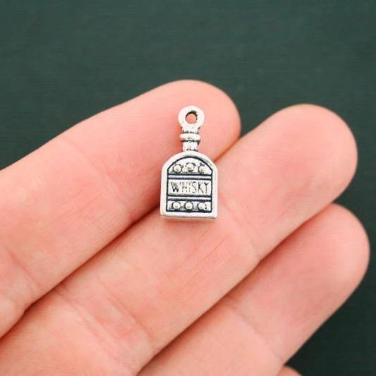 4 Whiskey Bottle Antique Silver Tone Charms 2 Sided - SC6979