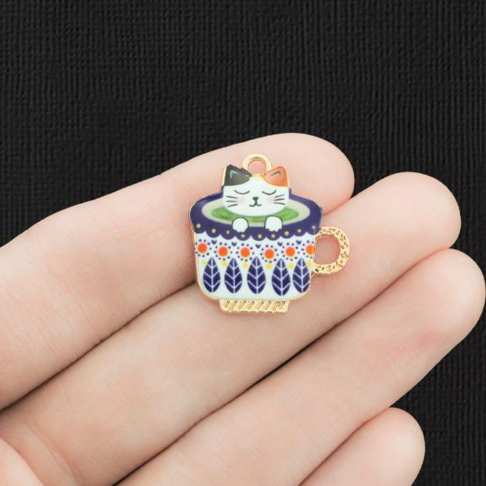 4 breloques en émail doré chat blanc - E1209