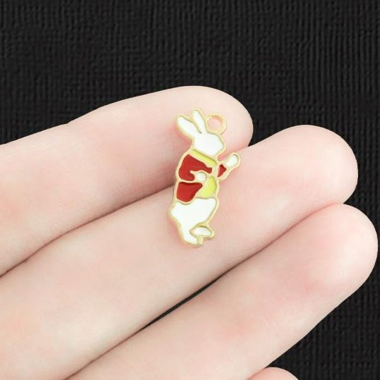 4 White Rabbit Gold Tone Enamel Charms - E1285