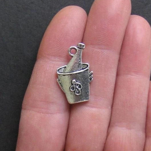 4 Wine Bottle and Bucket Charms Antique Silver Tone 2 Sided - SC092