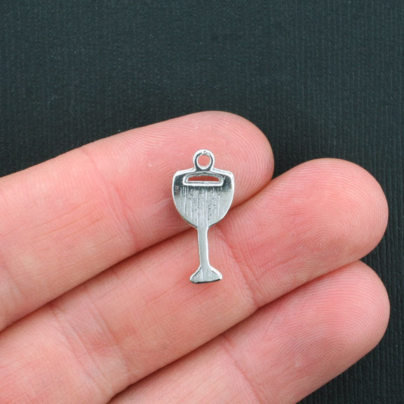 4 Wine Glass Antique Silver Tone Charms With Glitter Red Enamel - SC3496