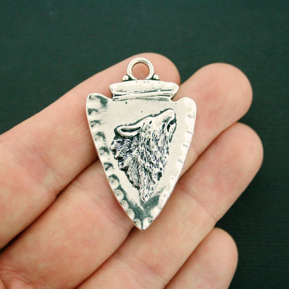 4 Wolf Arrowhead Antique Silver Tone Charms - SC7143