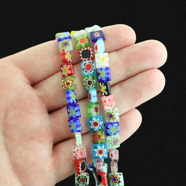 Flat Square Glass Beads 8mm - Assorted Floral Millefiori - 1 Full Strand 48 Beads - BD2235