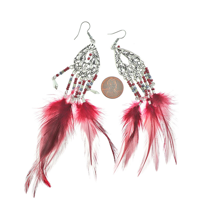 2 Feather Filigree Earrings - French Hook Style - 1 Pair - Z1220