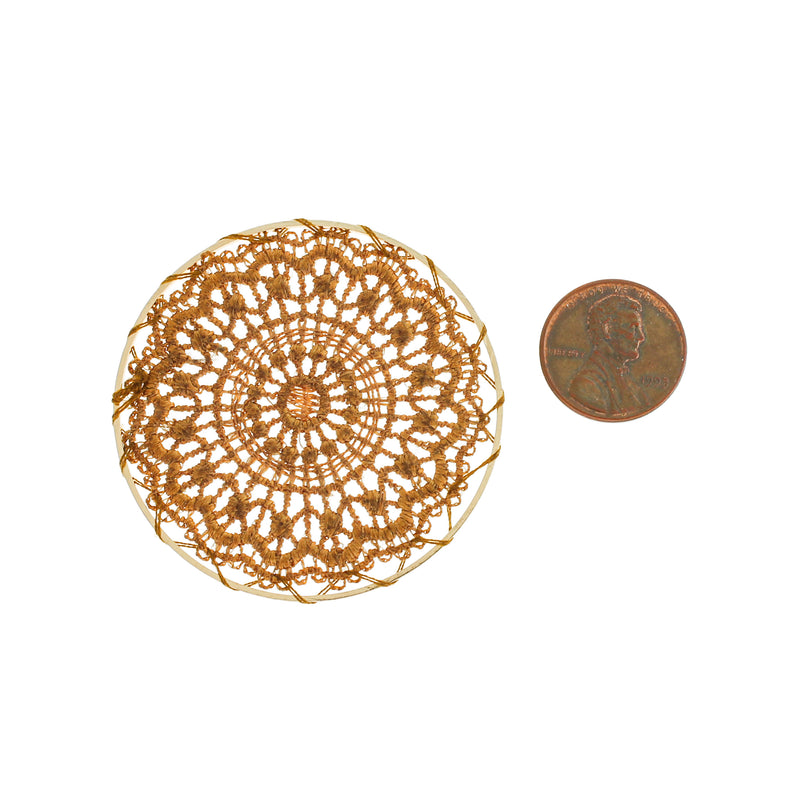2 Brown Woven Lace Flower Gold Tone Pendants - TSP219-C