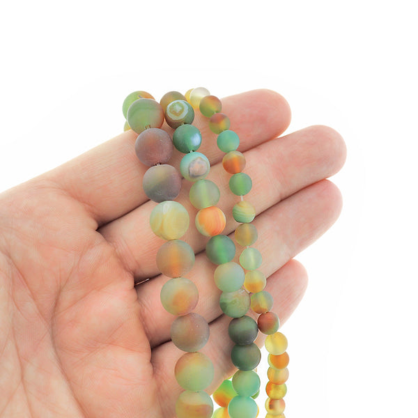 Round Natural Agate Beads 6mm -10mm - Choose Your Size - Frosted Peacock Green and Orange - 1 Full 14.96" Strand - BD2544
