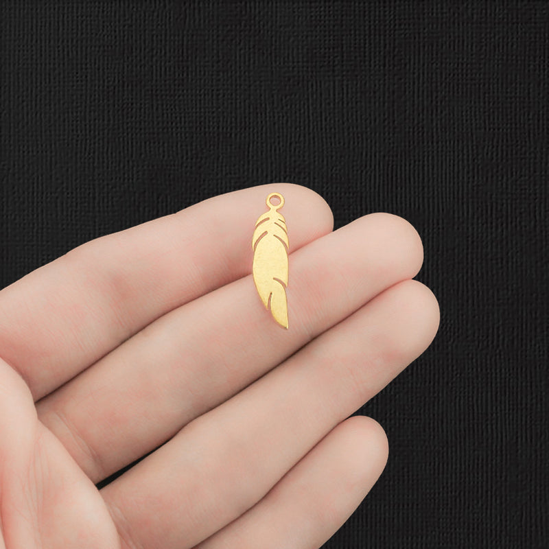 2 Feather Gold Tone Stainless Steel Charms 2 Sided - SSP339
