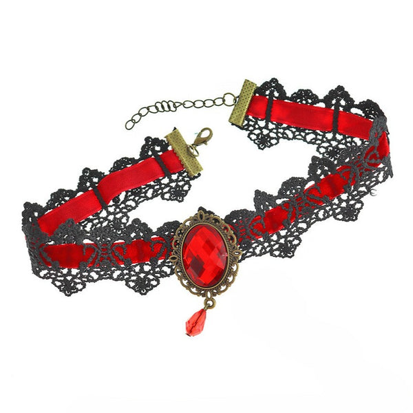 Red Polyester Choker Necklace with Rhinestone Pendant 13" Plus Extender - 4mm - 1 Necklace - N395