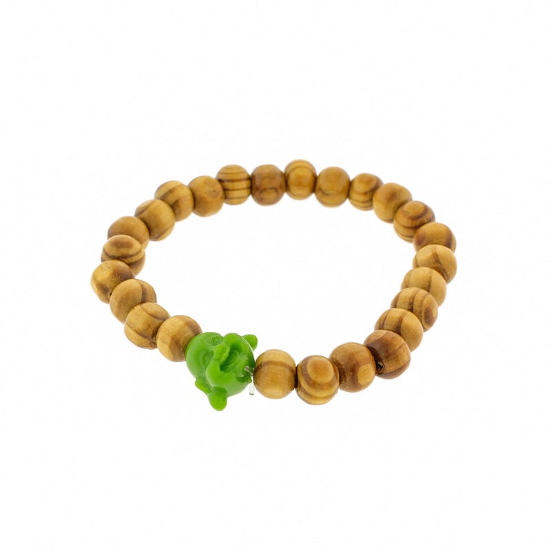 Round Wood Bead Bracelet - 43mm - Green Resin Buddha - 1 Bracelet - BB076