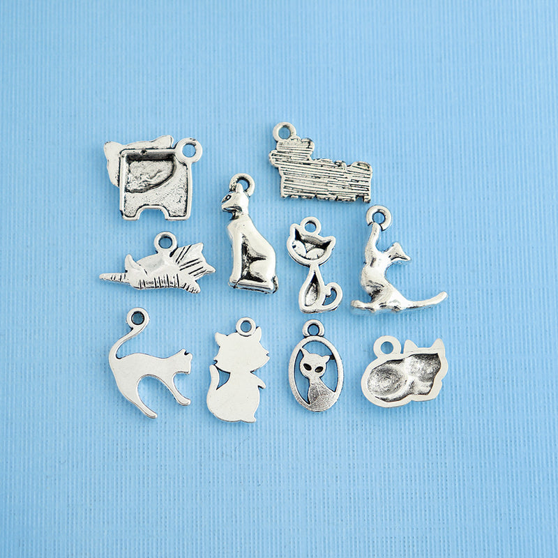 Cat Charm Collection Antique Silver Tone 10 Different Charms - COL025
