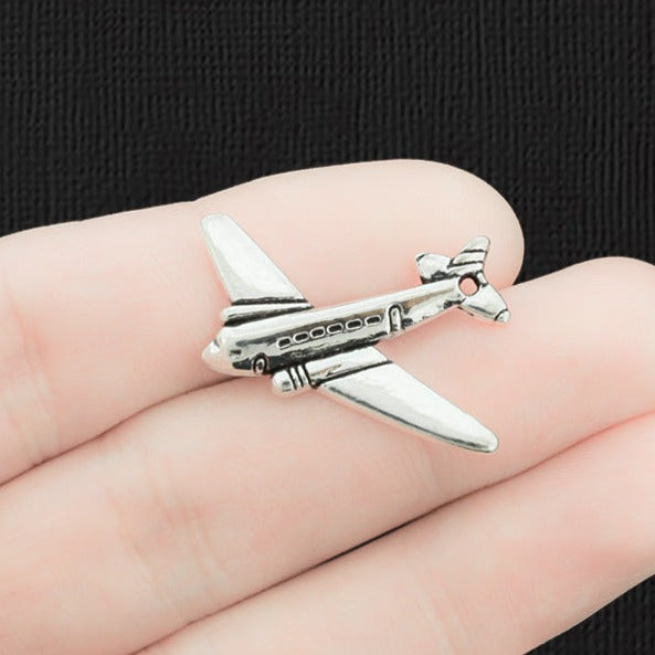 5 Airplane Antique Silver Tone Charms 2 Sided - SC647