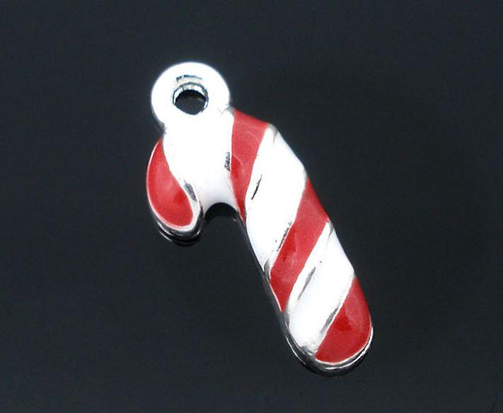 5 breloques en émail ton argent Candy Cane - E100
