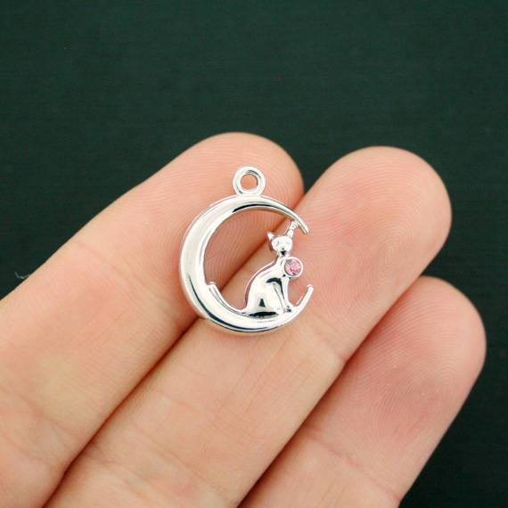 5 Cat Moon Antique Silver Tone Charms - SC7450