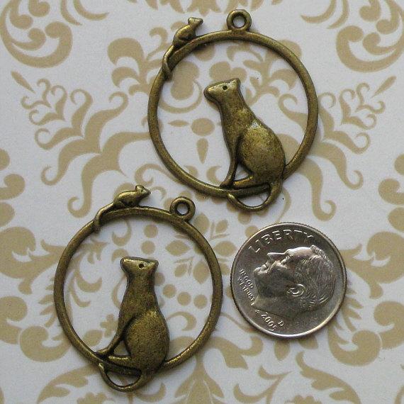 5 breloques chat et souris ton bronze antique 2 faces - BC018