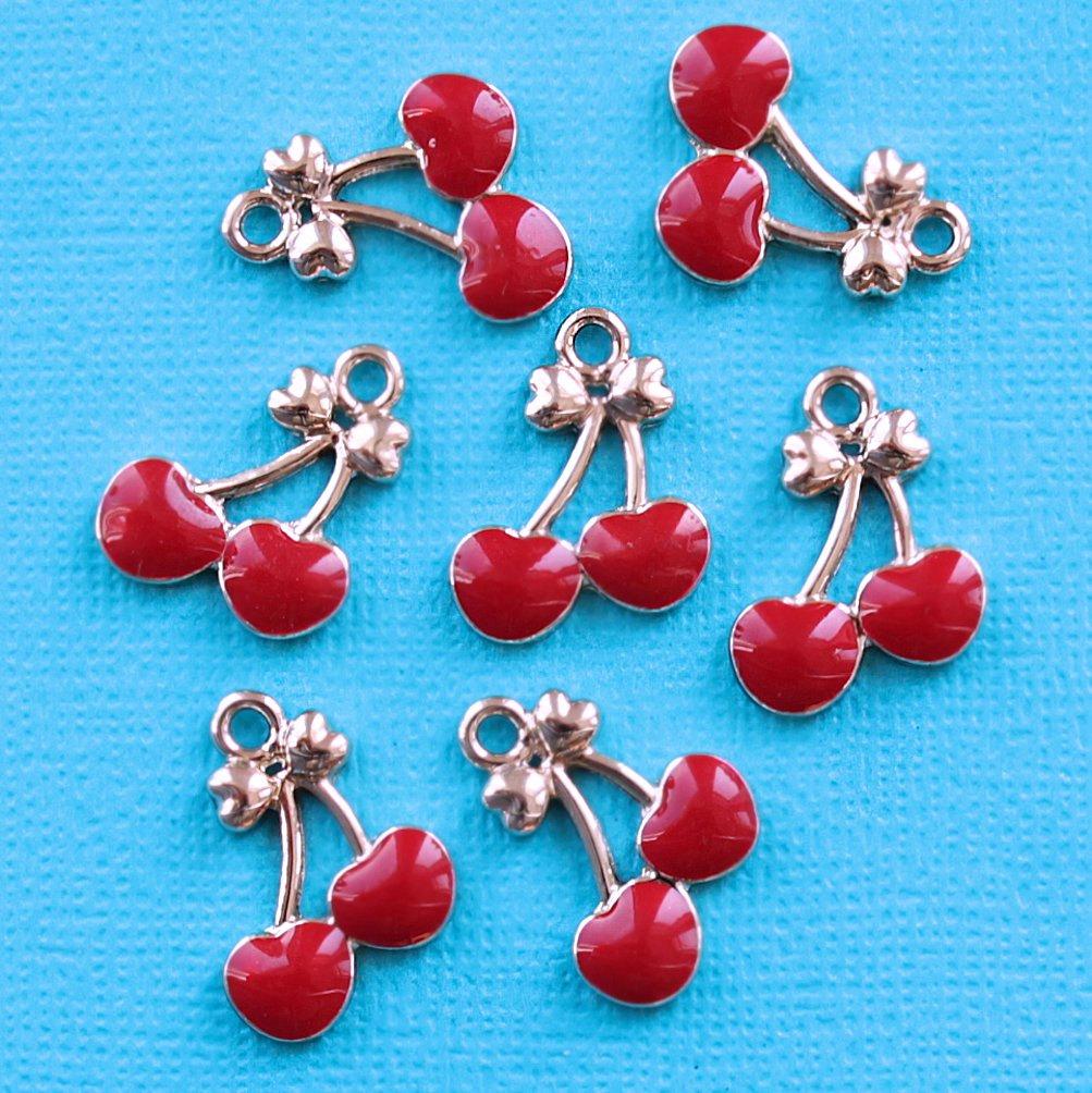 5 breloques en émail ton argent cerise - E061