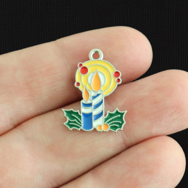 5 Christmas Candle Silver Tone Enamel Charms - E1614