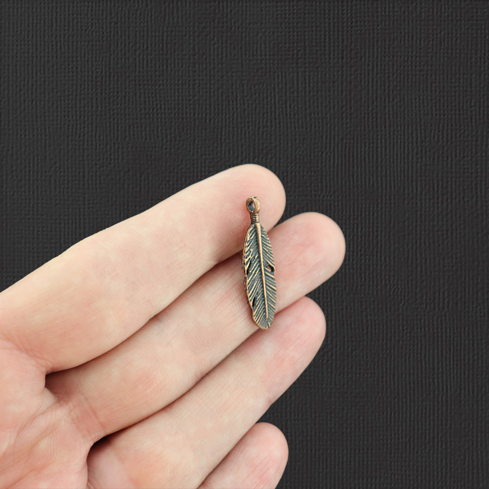 5 Feather Antique Copper Tone Charms 2 Sided - BC056