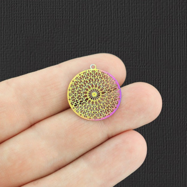 5 Filigree Mandala Rainbow Electroplated Stainless Steel Charms 2 Sided - SSP234