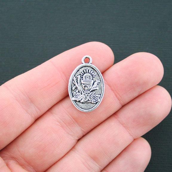 5 First Communion Antique Silver Tone Charms 2 Sided - SC2189