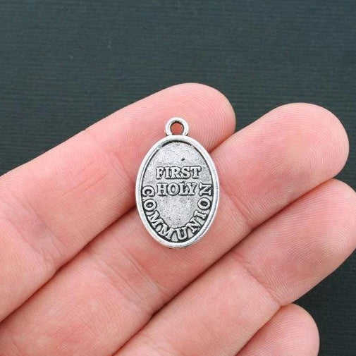 5 First Communion Antique Silver Tone Charms 2 Sided - SC2189