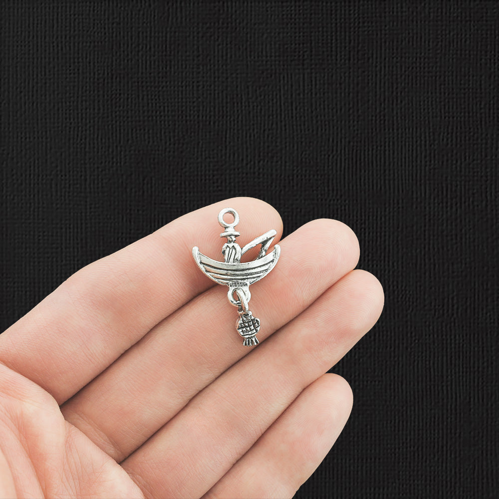 5 Fishing Antique Silver Tone Charms 2 Sided - SC186