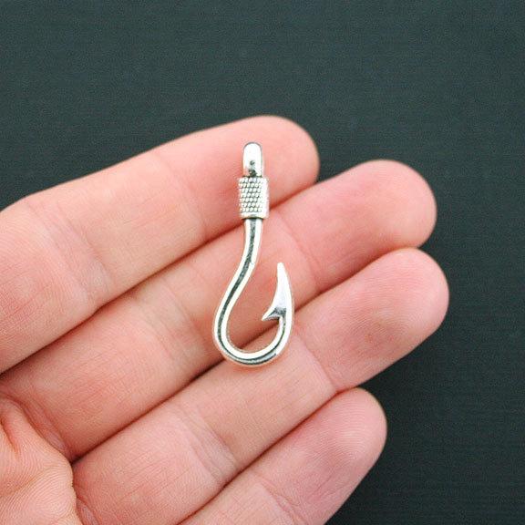 5 hameçons de pêche antique ton argent breloques 2 faces - SC1008