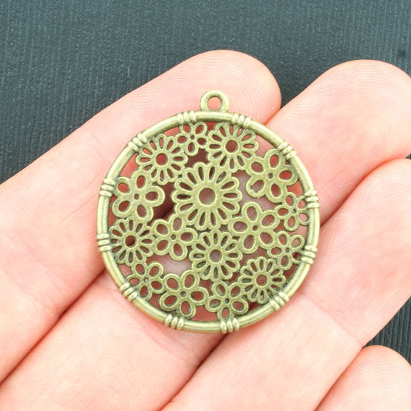 5 Flower Circle Antique Bronze Tone Charms 2 Sided - BC1038